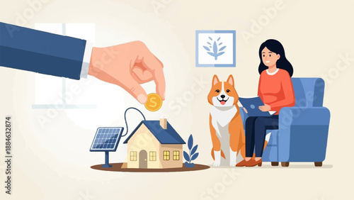 A hand places a coin on a solar-powered house where a woman reads with her dog
