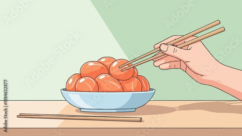 A hand uses chopsticks to pick up an orange food item from a bowl