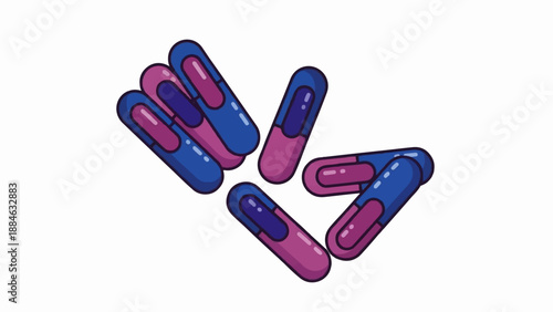 A handful of two-toned blue and purple capsules are scattered