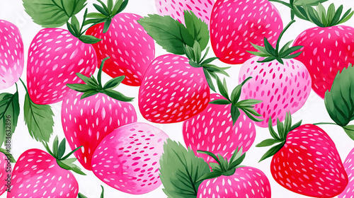 Brightly colored illustration of strawberries with green leaves on a white background, featuring various shades of red and pink in a decorative arrangement with copy space