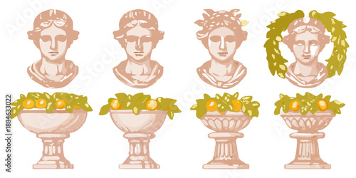 Four antique busts and vases showcasing classical roman or greek artistry