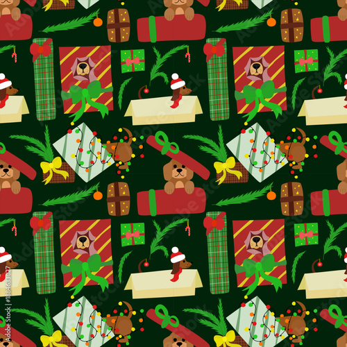 Seamless Christmas pattern with cute dogs and gifts on green background, perfect for wrapping paper, cards, fabric, packaging and web design.