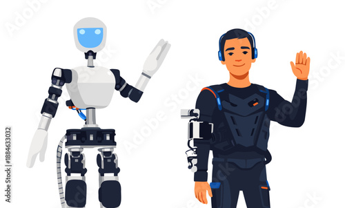 Young man waves alongside his high tech humanoid robot friend.