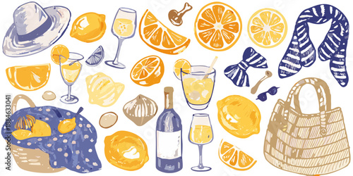 A vibrant still life featuring citrus fruits hats cocktails and summer accessories