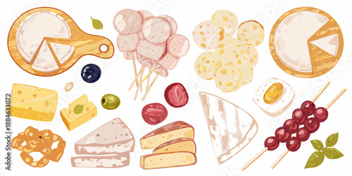 A colorful arrangement of cheeses grapes and various snacks in watercolor style