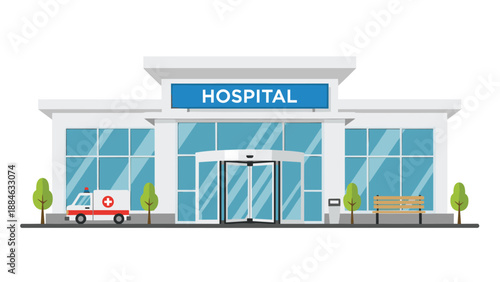 Modern hospital building with an ambulance parked at the entrance, depicting a medical facility ready for emergency services.