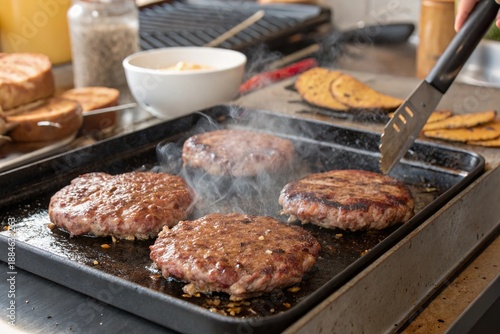 Wallpaper Mural A pan of four hamburgers is cooking on a grill Torontodigital.ca