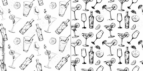 Sketch pattern showcasing various cocktail glasses bottles and citrus slices