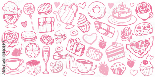 A delightful collection of pastel pink desserts and sweet treats doodles