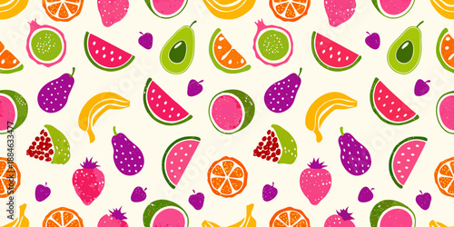 A vibrant pattern of colorful fruits including watermelon avocado and citrus