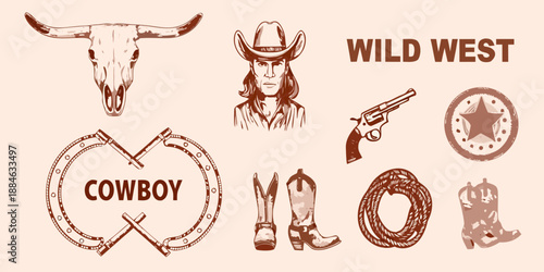 Wild west themed sketches cowboy hat skull gun sheriff badge and lasso