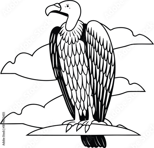  Majestic Vulture Silhouette: A dignified vulture perches confidently, set against a backdrop of stylized clouds, exemplifying nature's inherent design.