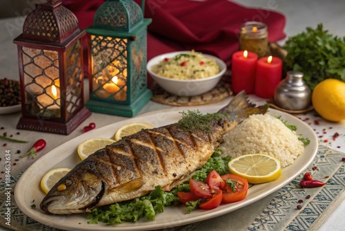 Wallpaper Mural A plate of fish with lemon slices and vegetables is set on a table with candles Torontodigital.ca