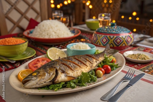 Wallpaper Mural A plate of fish with lemon slices and vegetables is set on a table with candles Torontodigital.ca