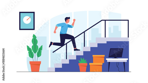 Energetic man running up stairs in a modern office, representing career progression, ambition, productivity, and an active lifestyle.