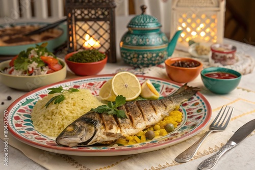 Wallpaper Mural A plate of fish with lemon slices and vegetables is set on a table with candles Torontodigital.ca