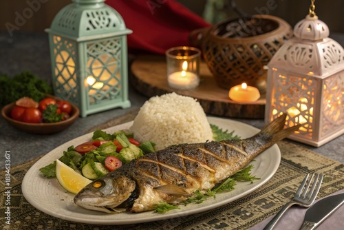 Wallpaper Mural A plate of fish with lemon slices and vegetables is set on a table with candles Torontodigital.ca