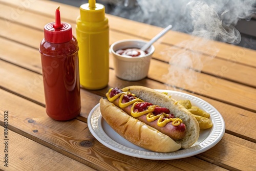 Wallpaper Mural A hot dog with mustard and ketchup on a bun sits on a wooden cutting board Torontodigital.ca
