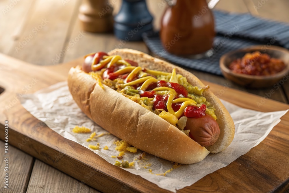 custom made wallpaper toronto digitalA hot dog with mustard and ketchup on a bun sits on a wooden cutting board