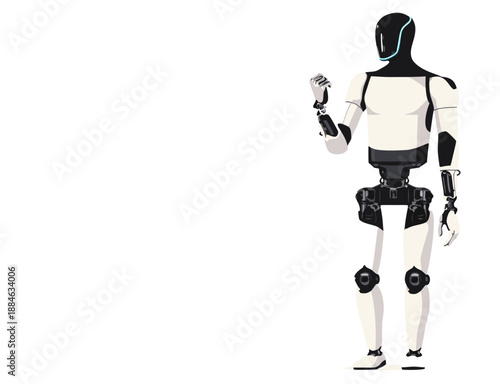 Humanoid robot stands alone in a minimalist and bright white space.