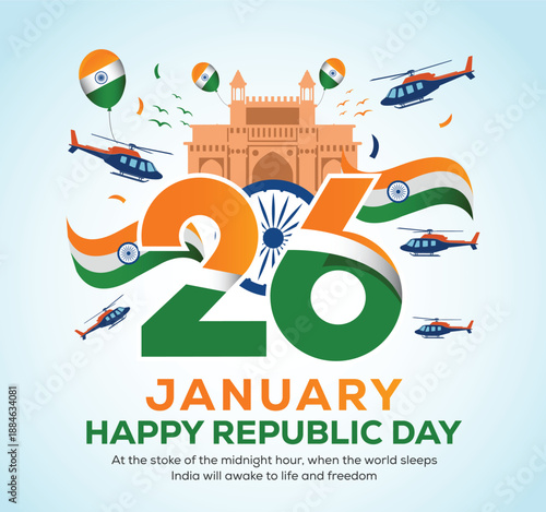 India s republic day celebration featuring the India gate helicopters balloons and the Ashoka chakra