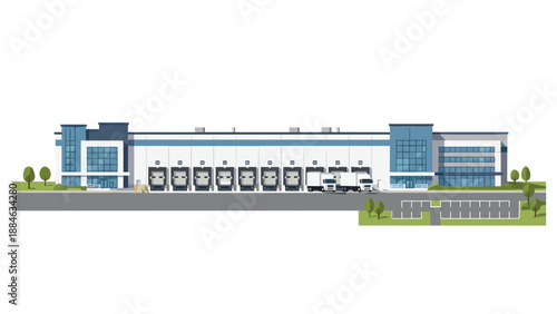 Expansive modern warehouse and distribution center with numerous loading docks and parked trucks, representing global logistics and supply chain.