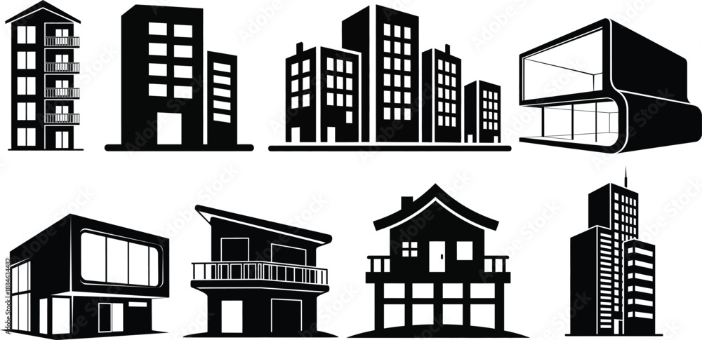 Fototapeta premium Silhouette of various buildings isolated on transparent background