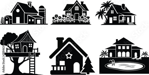 Six black silhouette houses isolated on transparent background