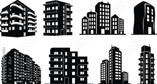 Silhouette of various buildings isolated on transparent background