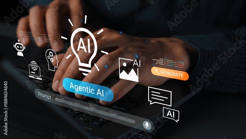 Hands Typing on a Laptop with AI Concept Illustrations Representing Technology, Innovation, and Digital Communication Gluon. © InfiniteFlow