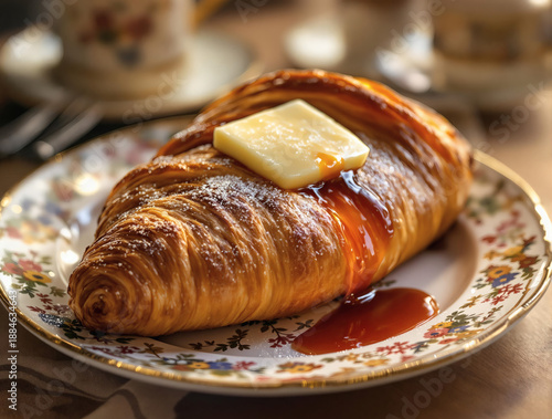 buttery croissant with syrup and melting butter on vintage plate