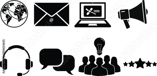 Silhouette icons of global communication and social media isolated on transparent background