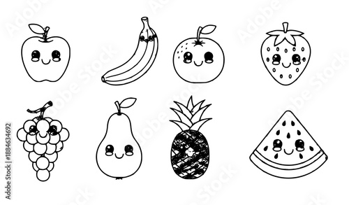 Cute fruit coloring pages for kids simple black and white vector illustrations isolated on white