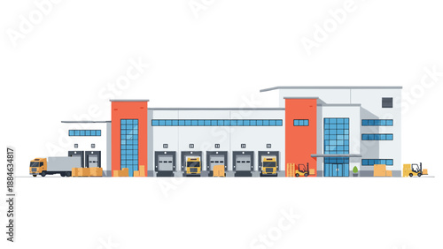 Modern warehouse building with several loading docks and yellow trucks, symbolizing efficient logistics, freight, and distribution operations.