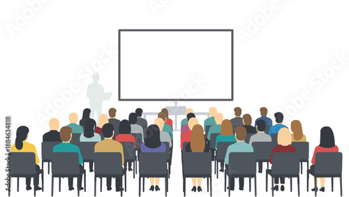 Audience seated facing a large projection screen in a presentation room, depicting a conference, lecture, or educational event.