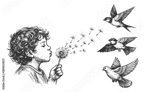 Hand drawn line art nature set featuring a boy blowing a dandelion and flying birds for springtime designs