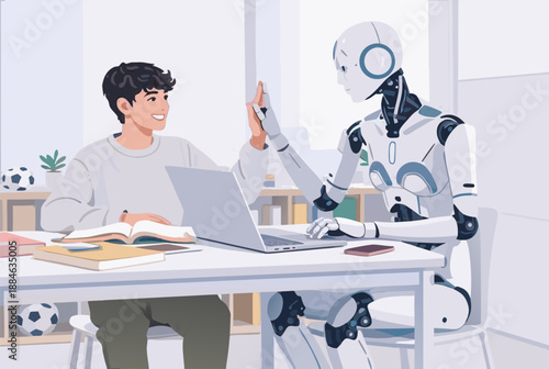 Human and robot sit at a table while working on a laptop together.