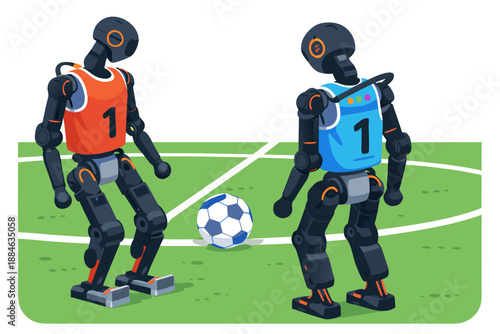 Two humanoid robots play a friendly game of soccer on a green field.