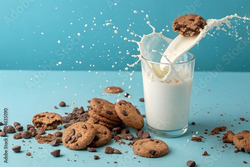 Wallpaper Mural A glass of milk with chocolate chip cookies and milk splatters on the table Torontodigital.ca