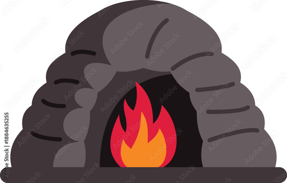 Naklejka premium Cozy fire burning inside a stone age igloo shaped cave dwelling, providing warmth and light