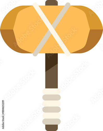 Stone age hammer tied with rope, primitive weapon or tool, flat vector illustration isolated on white background