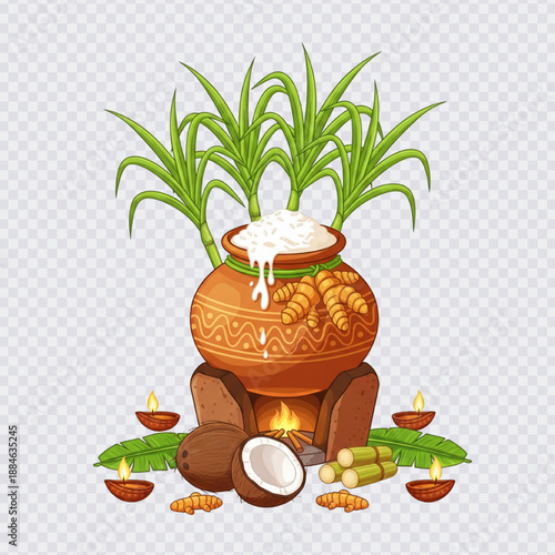 Traditional Indian Pongal festival illustration featuring a clay pot with overflowing rice, sugarcane stalks, and a coconut base with lit diyas, a symbol of a rich harvest celebration.