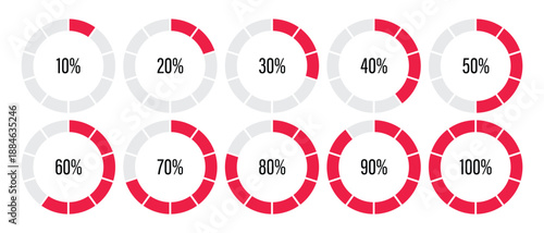 Minimalist collection of red circular donut chart infographics showing progress from ten to one hundred percent for modern data visualization dashboards.