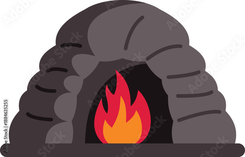 Cozy fire burning inside a stone age igloo shaped cave dwelling, providing warmth and light
