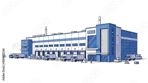 Contemporary large warehouse building with loading bays and several trucks, illustrating the complex operations of logistics and freight.