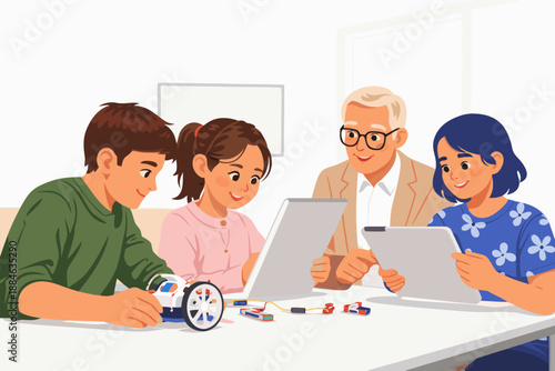 Family members and a robot companion build a small model together.