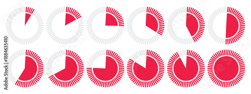 Twelve Red Minimalist Circular Progress Bar Icons Showing Different Percentage Completion Stages for Modern Web and Mobile Dashboard Interface Designs