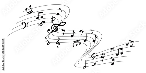Musical notes stave line pattern symbols icon for staff and music note theme. Concept for melody, song, and harmony. Abstract sound wave vector illustration for design