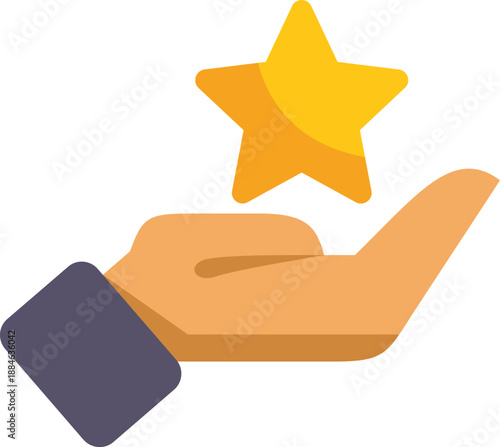 Open hand holding a bright golden star, symbolizing customer satisfaction, positive feedback, high rating, and quality service