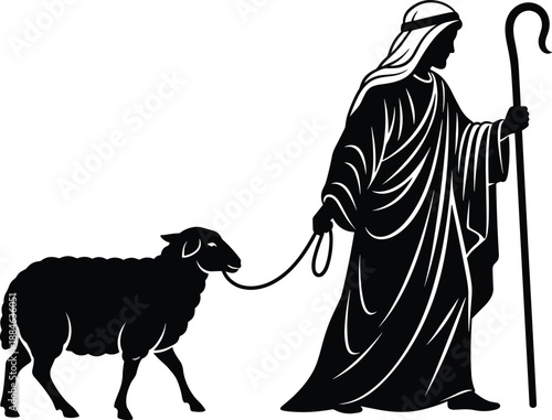 Black silhouette illustration of biblical shepherd holding staff and leading sheep, symbolizing guidance, faith, protection, and pastoral life